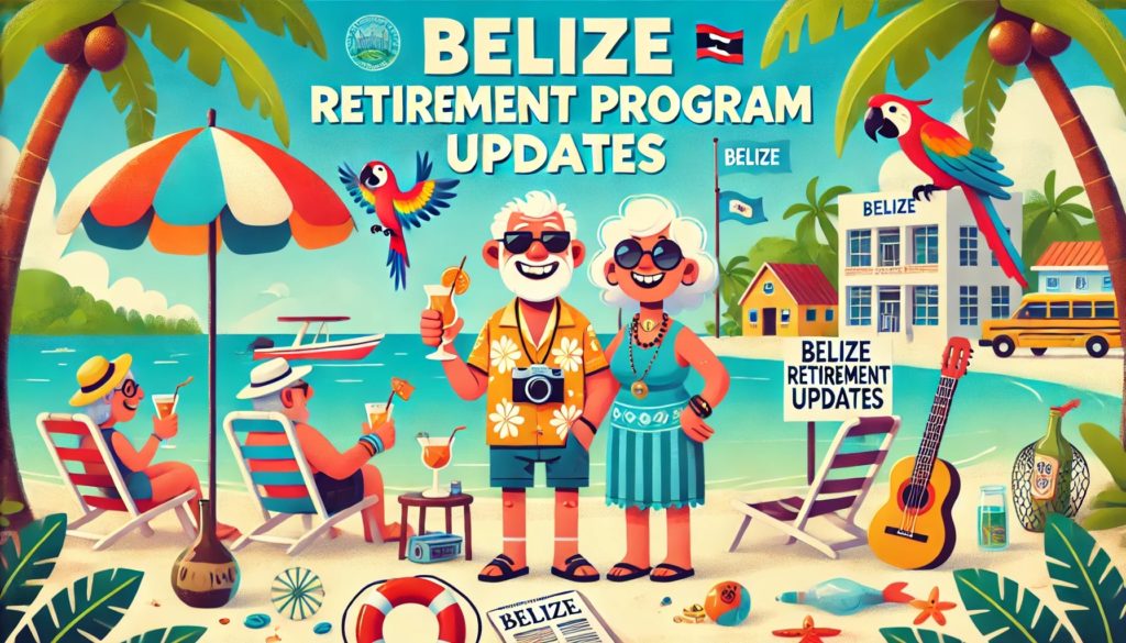 cartoon retired couple stand on beach happy to retire in belize